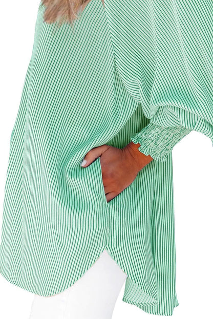🔥2026 Clearance Item🔥Women's pleated cuffs striped shirt with pockets and casual collar